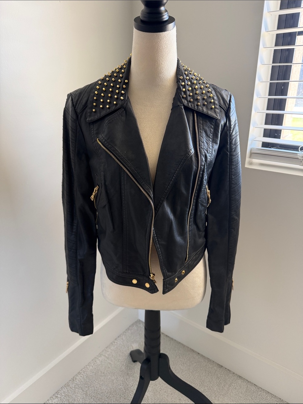 Express Black Faux Leather Moto Jacket with Gold Stud Collar